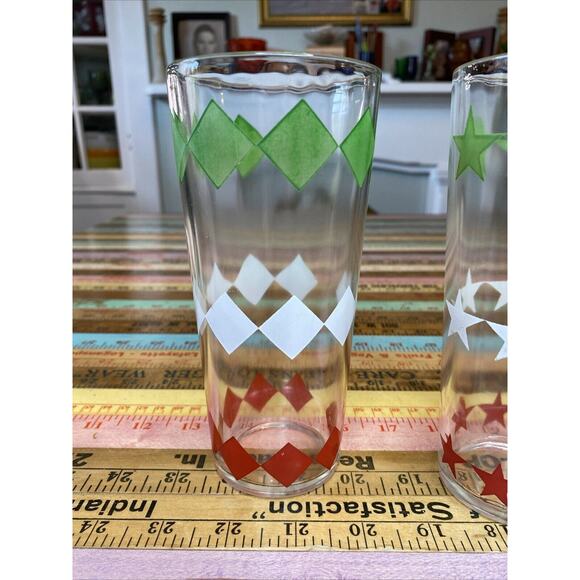 2 Vintage Red Green White Diamond Star Atomic Pattern MCM Tumbler Drinking Glass - Picture 4 of 8